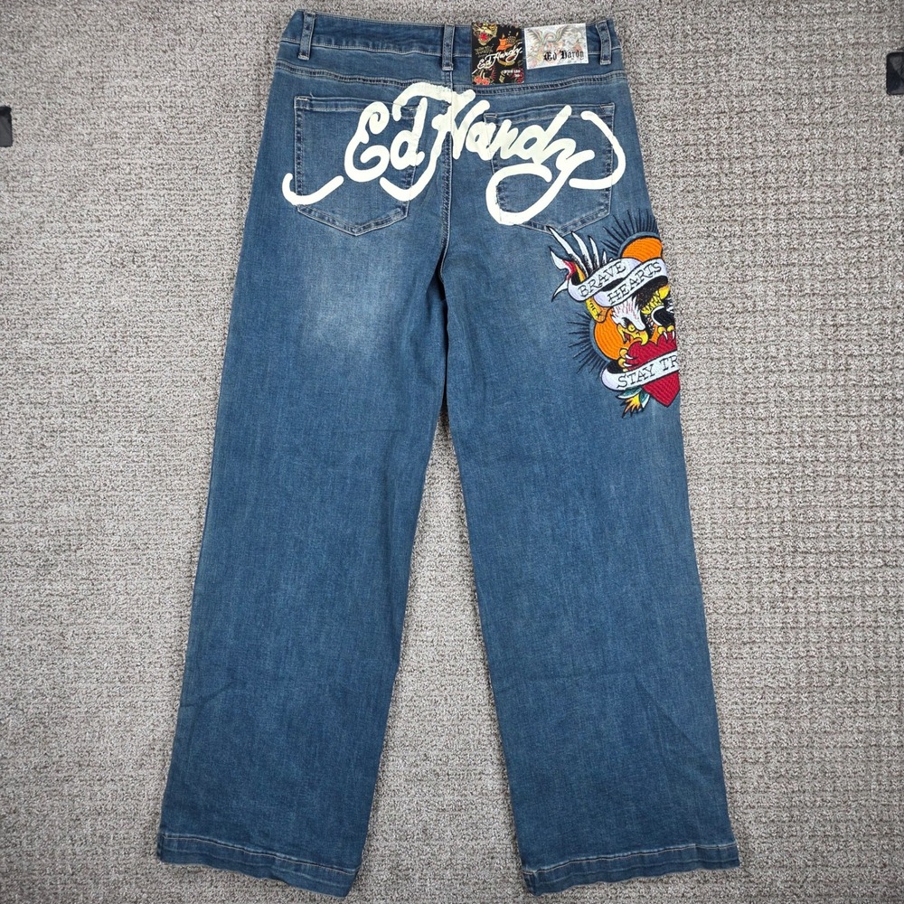 Ed Hardy Womens Eagle Heart Wide Leg Jeans Blue Embroidered Brave Hearts 30x32